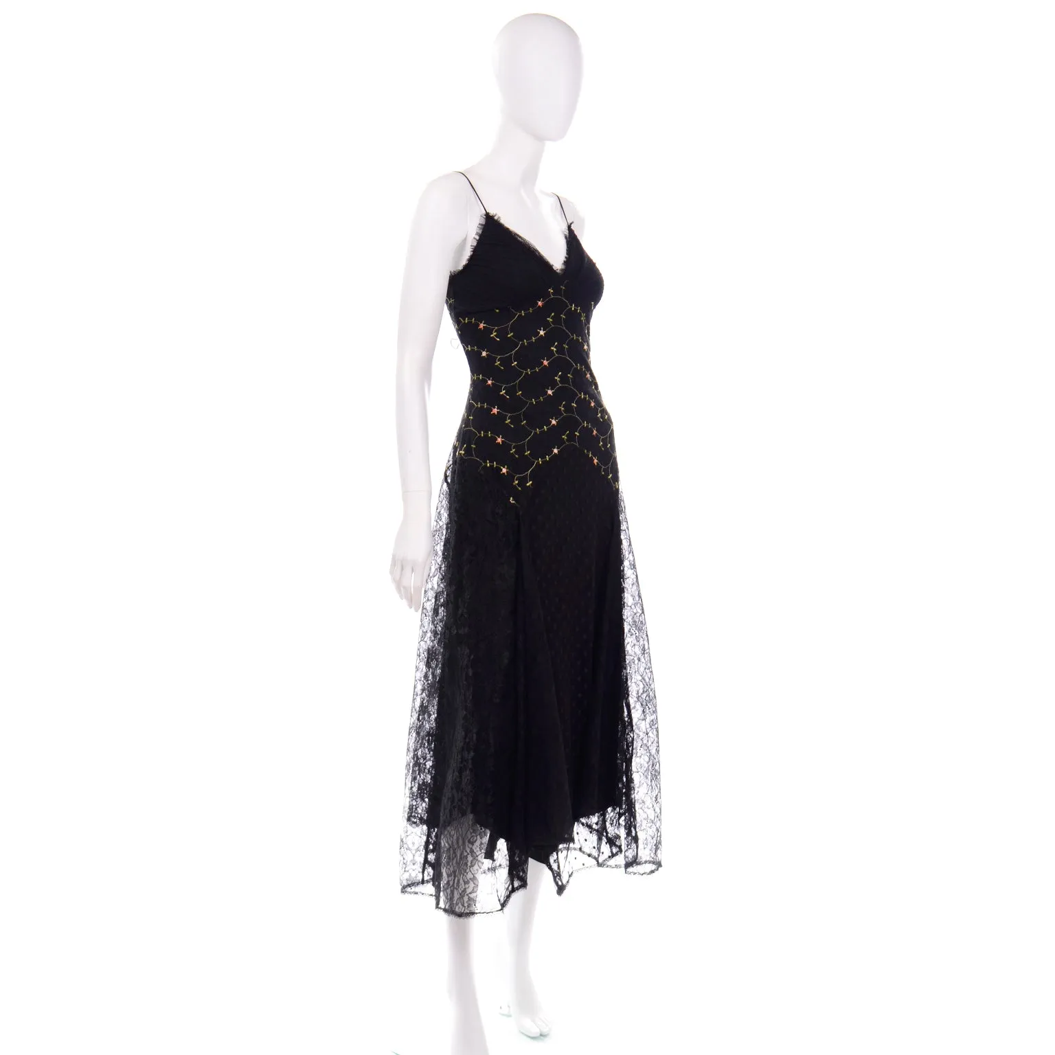 2000s Betsey Johnson Black Lace & Tulle Evening Dress W Floral Embroidery