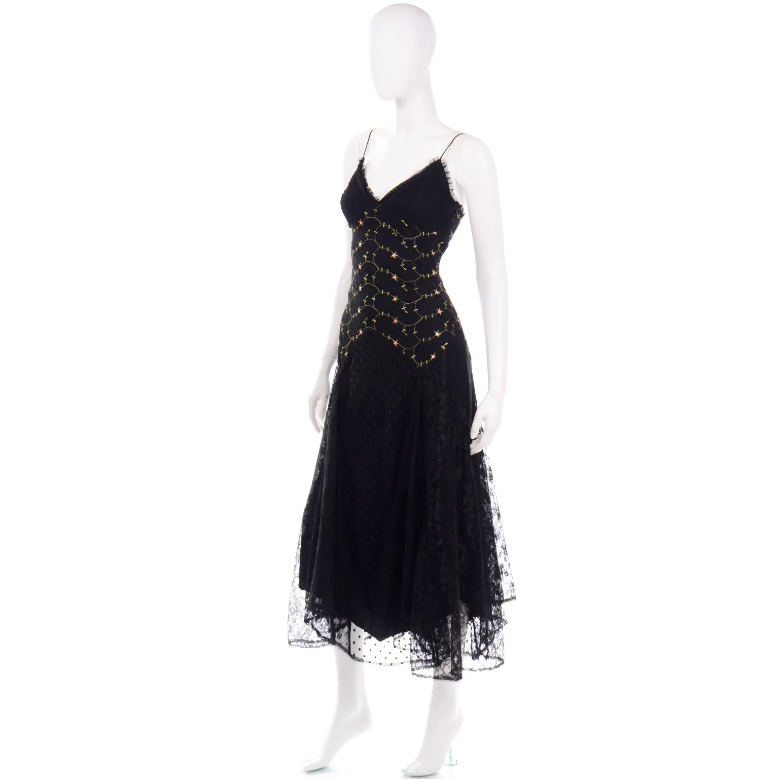2000s Betsey Johnson Black Lace & Tulle Evening Dress W Floral Embroidery