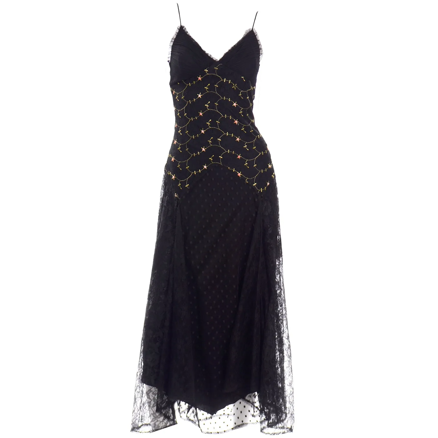 2000s Betsey Johnson Black Lace & Tulle Evening Dress W Floral Embroidery