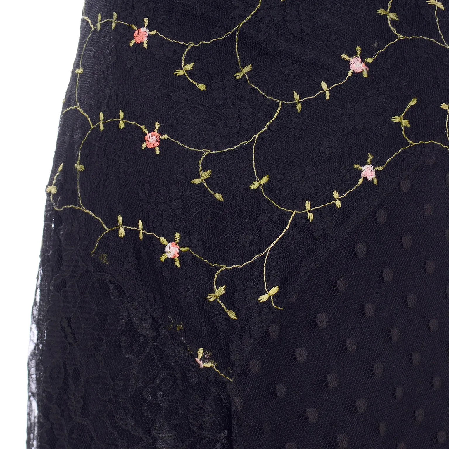 2000s Betsey Johnson Black Lace & Tulle Evening Dress W Floral Embroidery