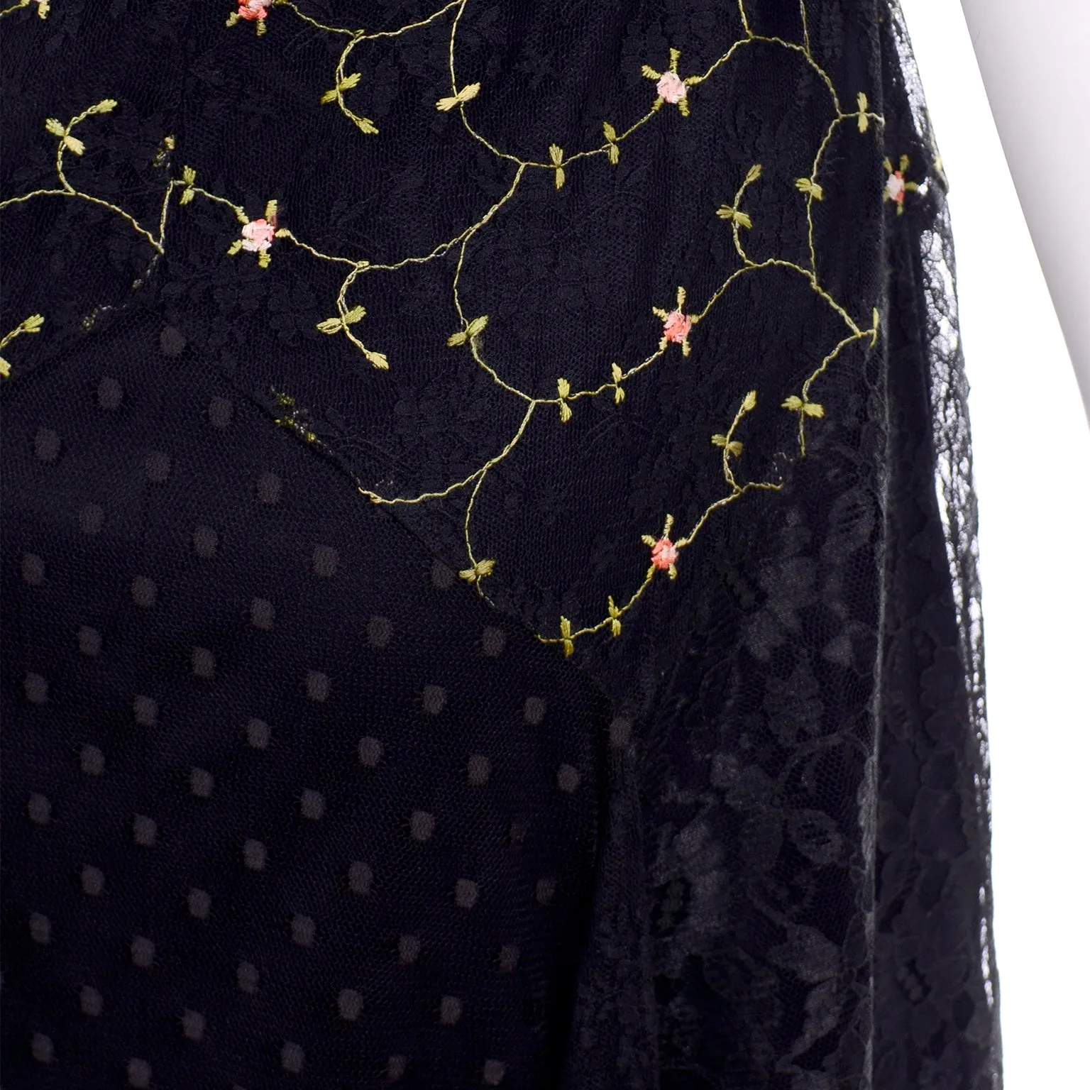 2000s Betsey Johnson Black Lace & Tulle Evening Dress W Floral Embroidery