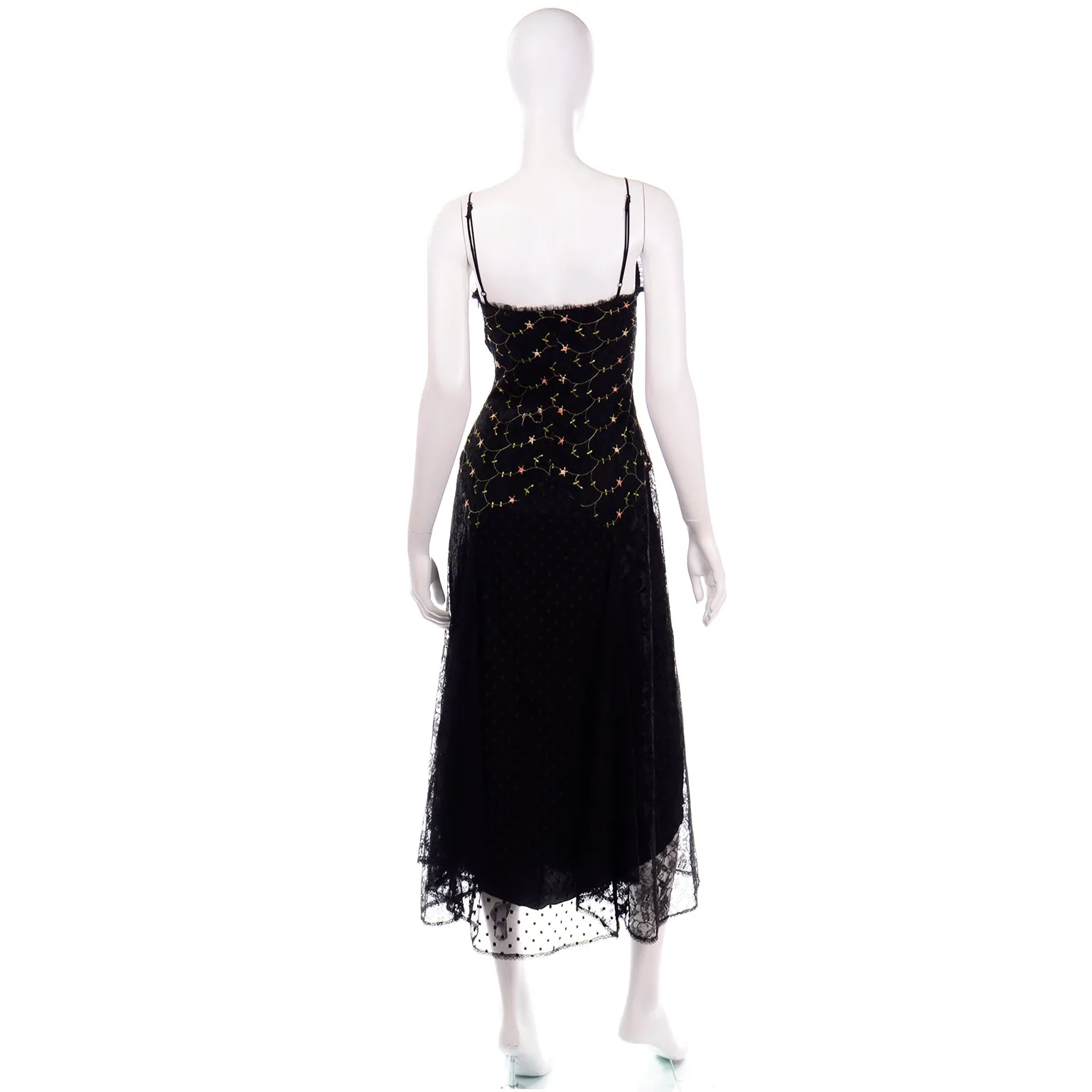 2000s Betsey Johnson Black Lace & Tulle Evening Dress W Floral Embroidery