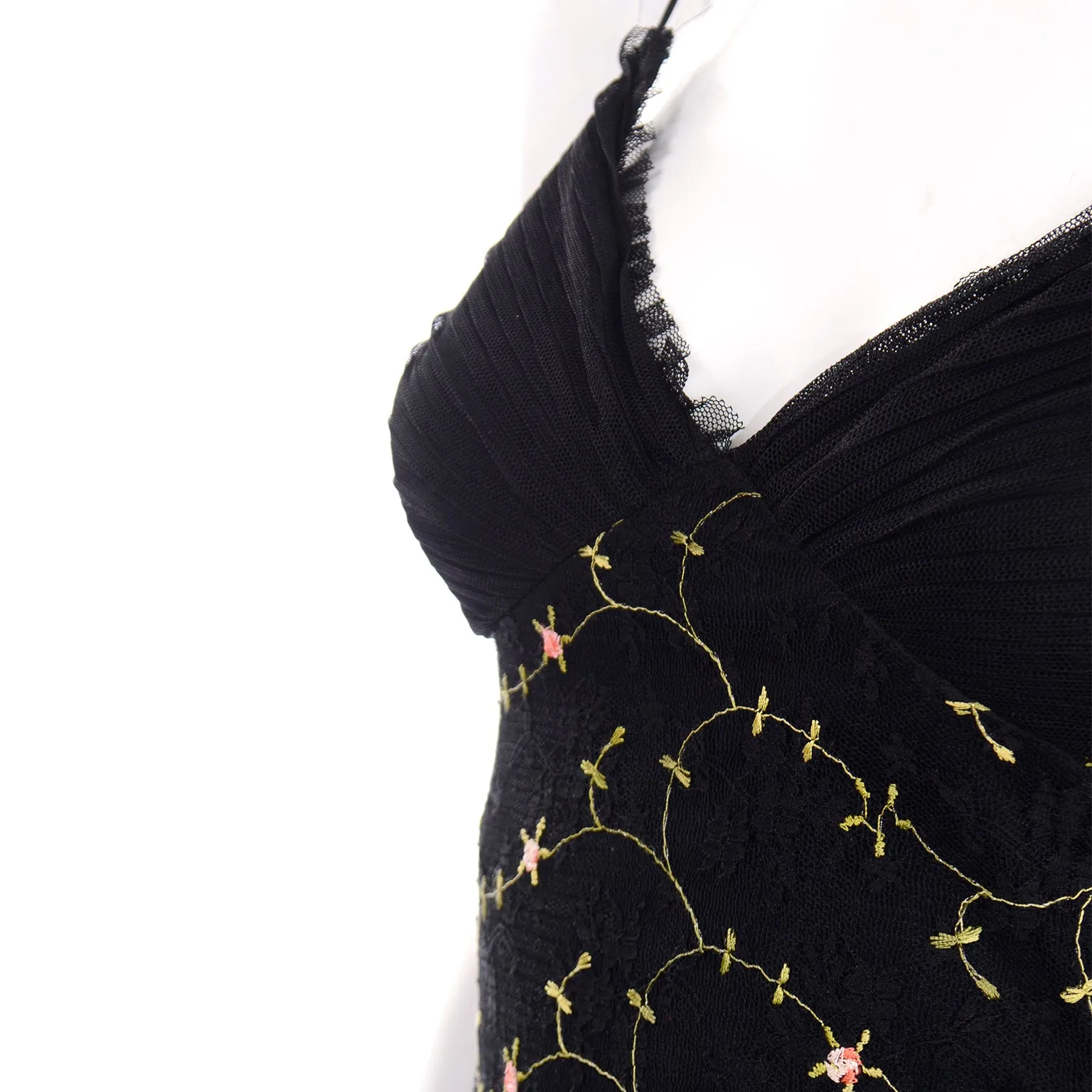 2000s Betsey Johnson Black Lace & Tulle Evening Dress W Floral Embroidery