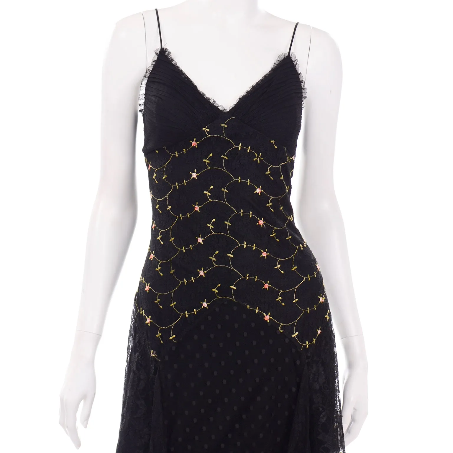 2000s Betsey Johnson Black Lace & Tulle Evening Dress W Floral Embroidery