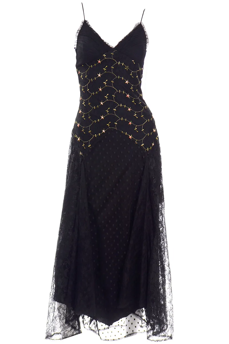 2000s Betsey Johnson Black Lace & Tulle Evening Dress W Floral Embroidery