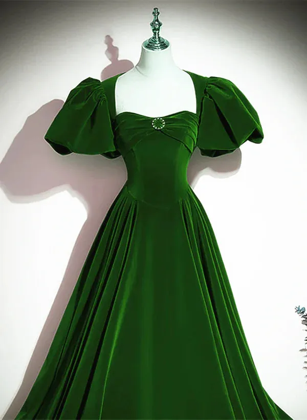 A-Line Princess Velvet Backless Ballgown Long Party Dress Short Sleeves Formal Dress Prom Dress