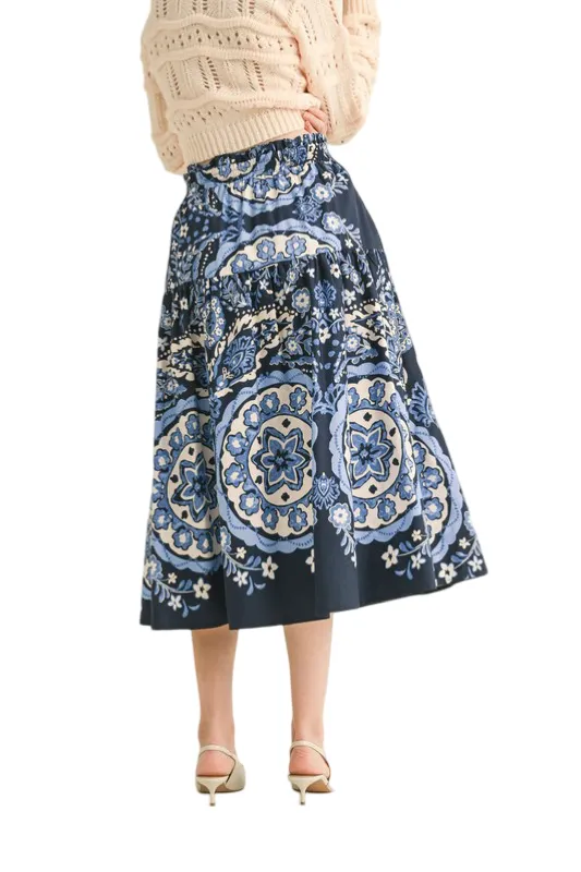 Apparel- En Merci  Printed High Rise Midi Skirt
