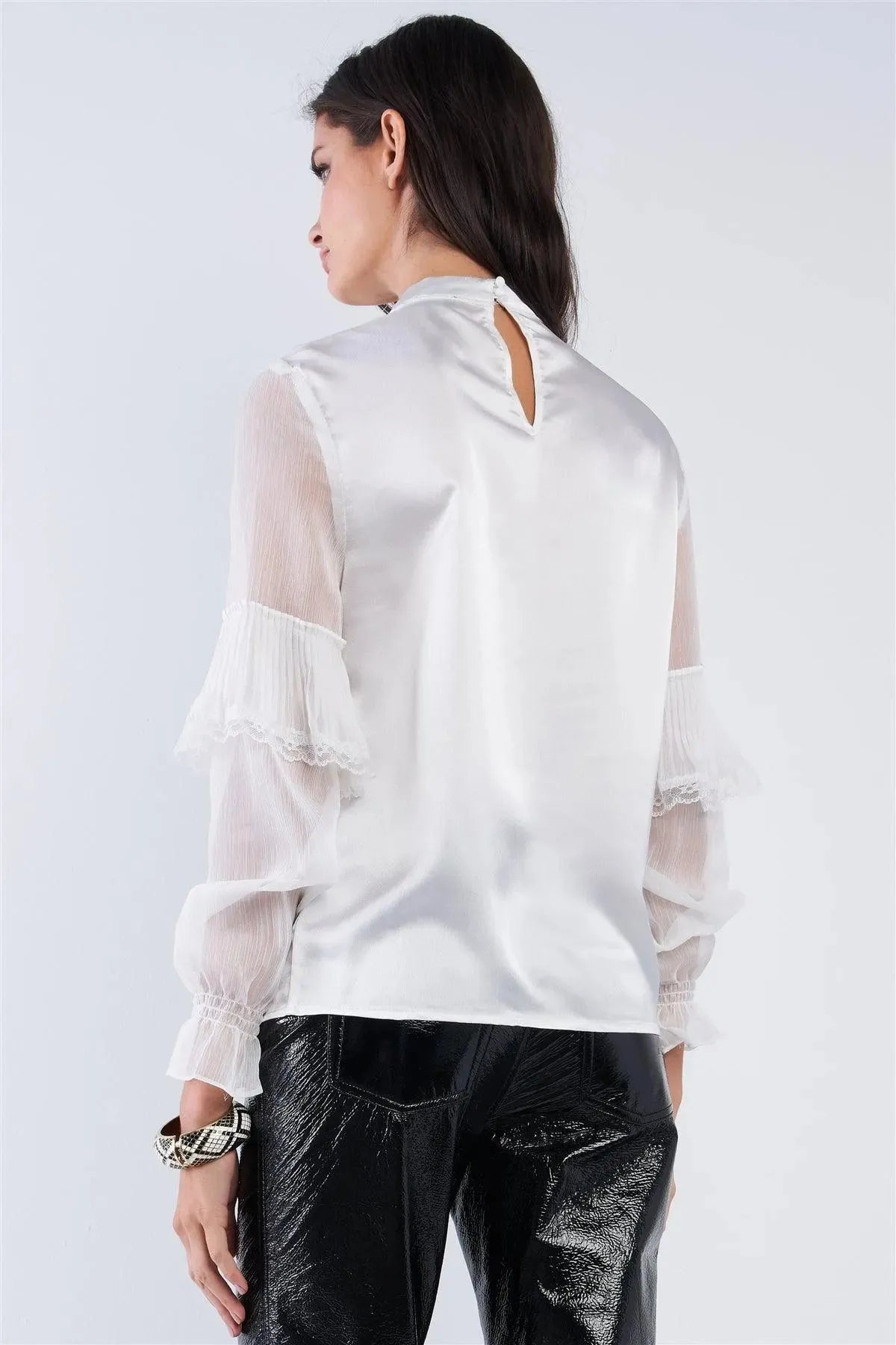 Bright White Satin Silk Bow Tie Collar Frill Sleeve Retro Classy Blouse Top  /2-2-2