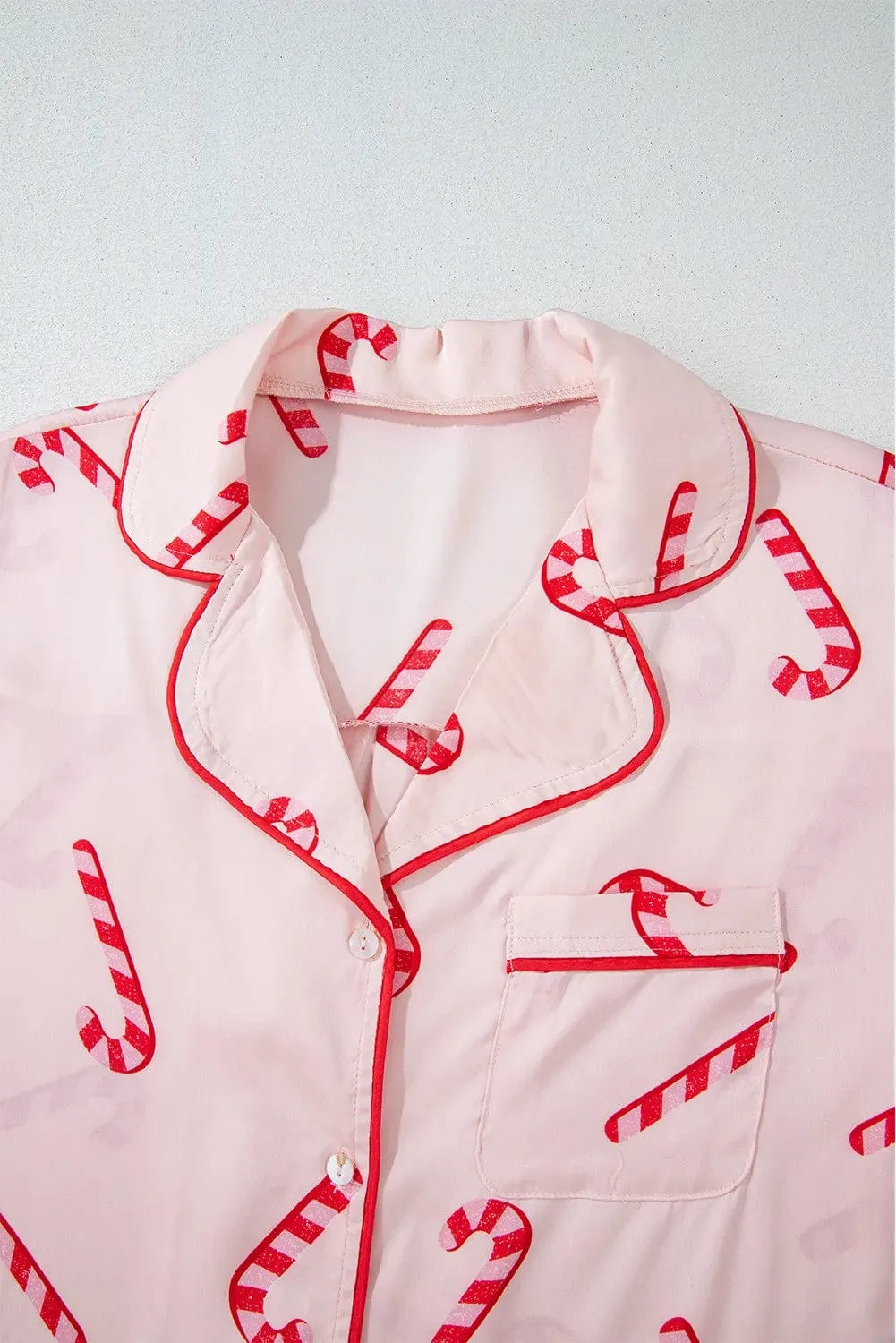 Candy Cane Collared Neck Long Sleeve Top & Shorts Lounge Women's Pajama Set