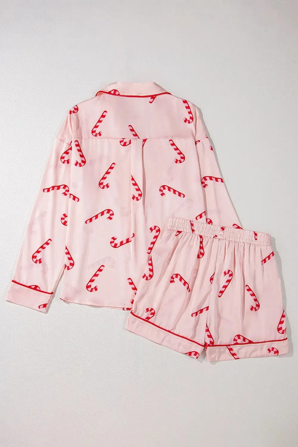 Candy Cane Collared Neck Long Sleeve Top & Shorts Lounge Women's Pajama Set