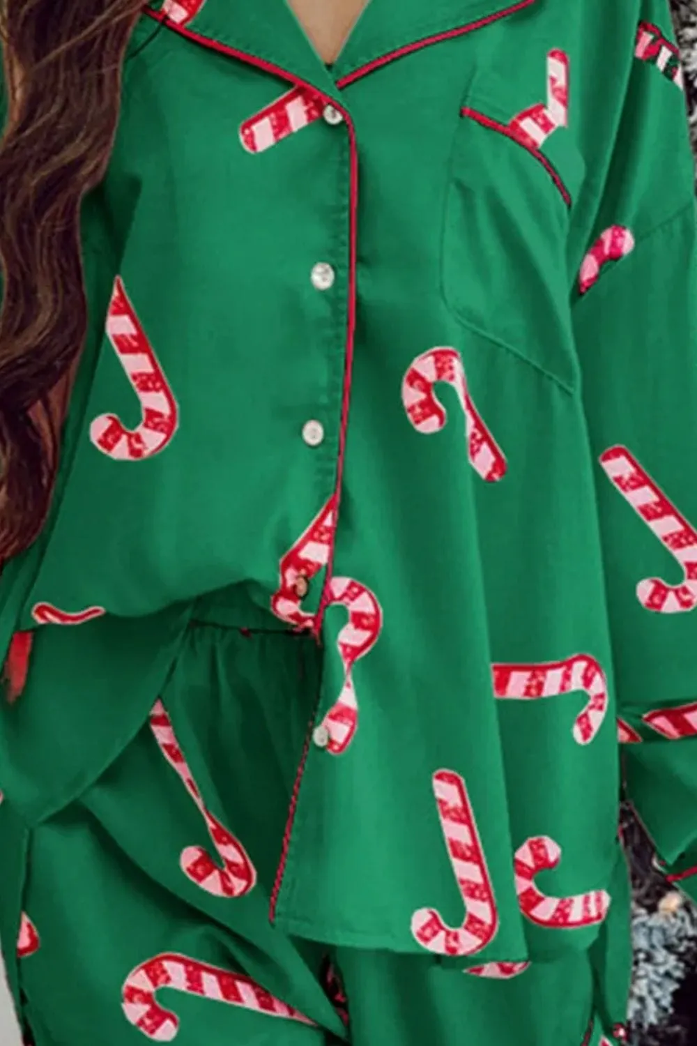 Candy Cane Collared Neck Long Sleeve Top & Shorts Lounge Women's Pajama Set