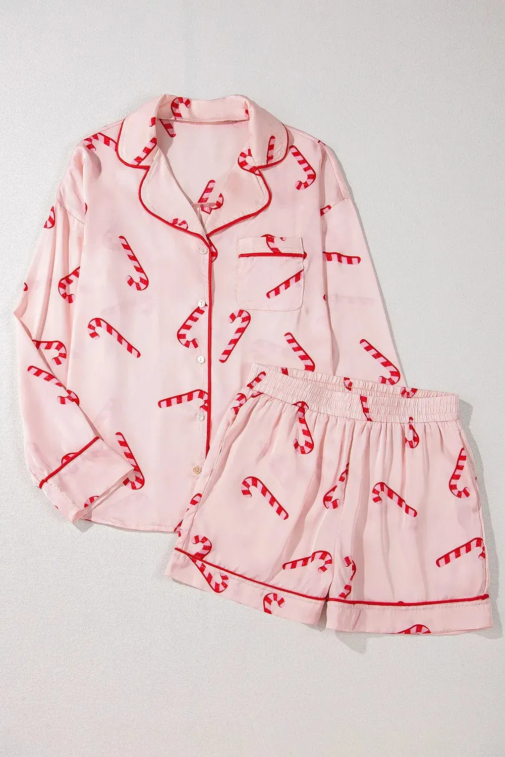 Candy Cane Collared Neck Long Sleeve Top & Shorts Lounge Women's Pajama Set