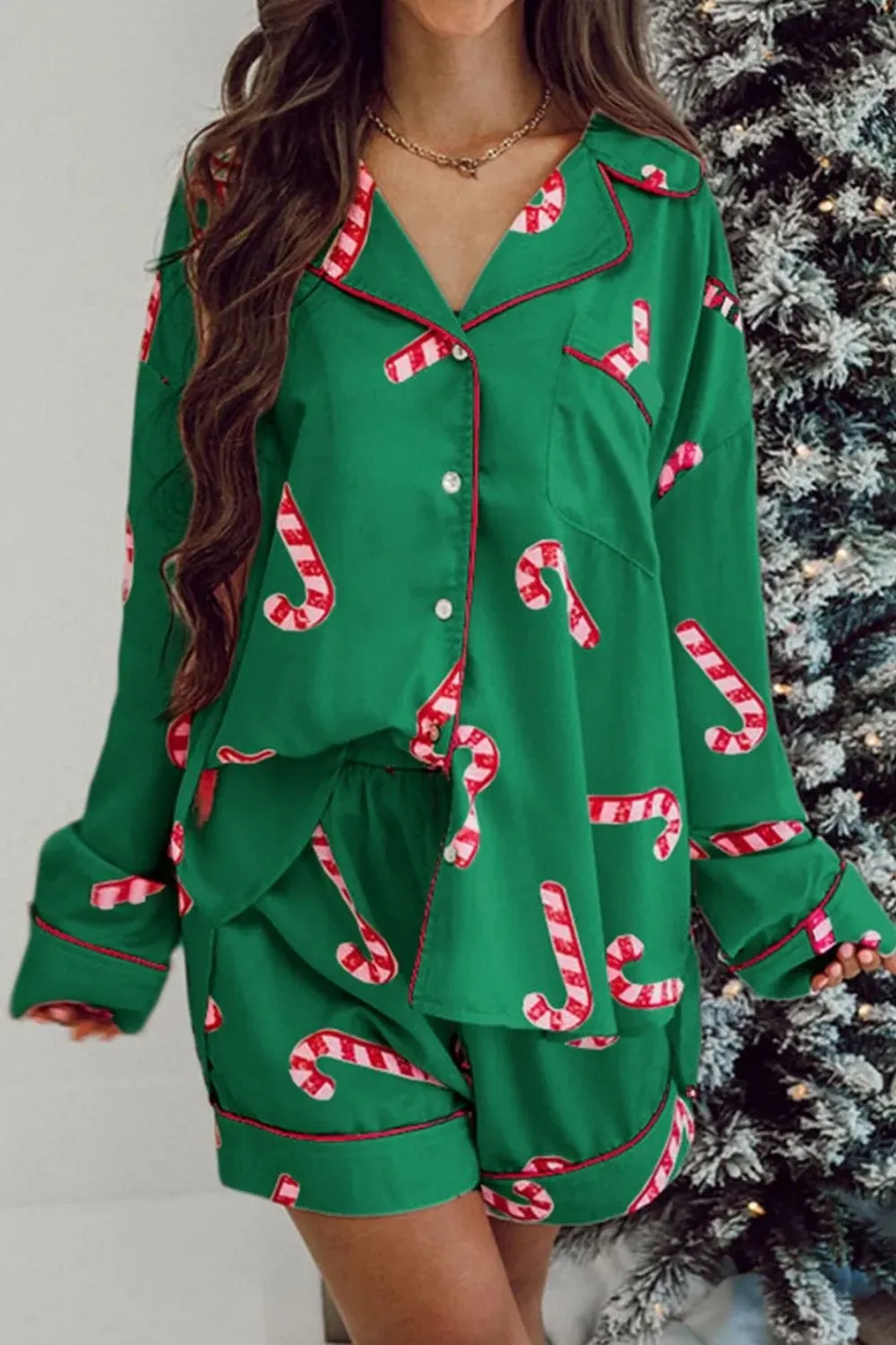 Candy Cane Collared Neck Long Sleeve Top & Shorts Lounge Women's Pajama Set