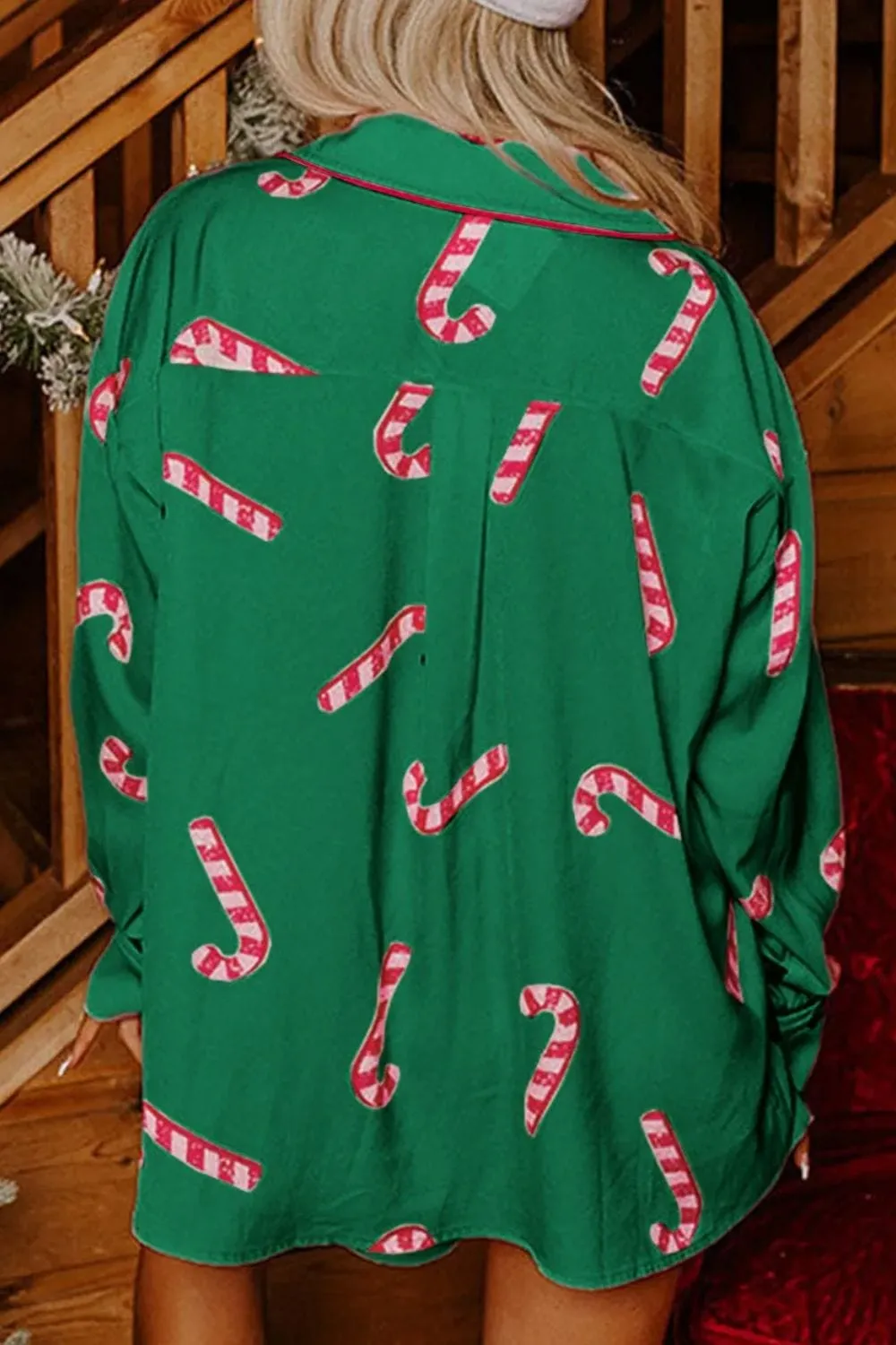 Candy Cane Collared Neck Long Sleeve Top & Shorts Lounge Women's Pajama Set