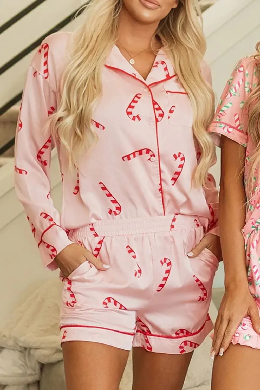 Candy Cane Collared Neck Long Sleeve Top & Shorts Lounge Women's Pajama Set