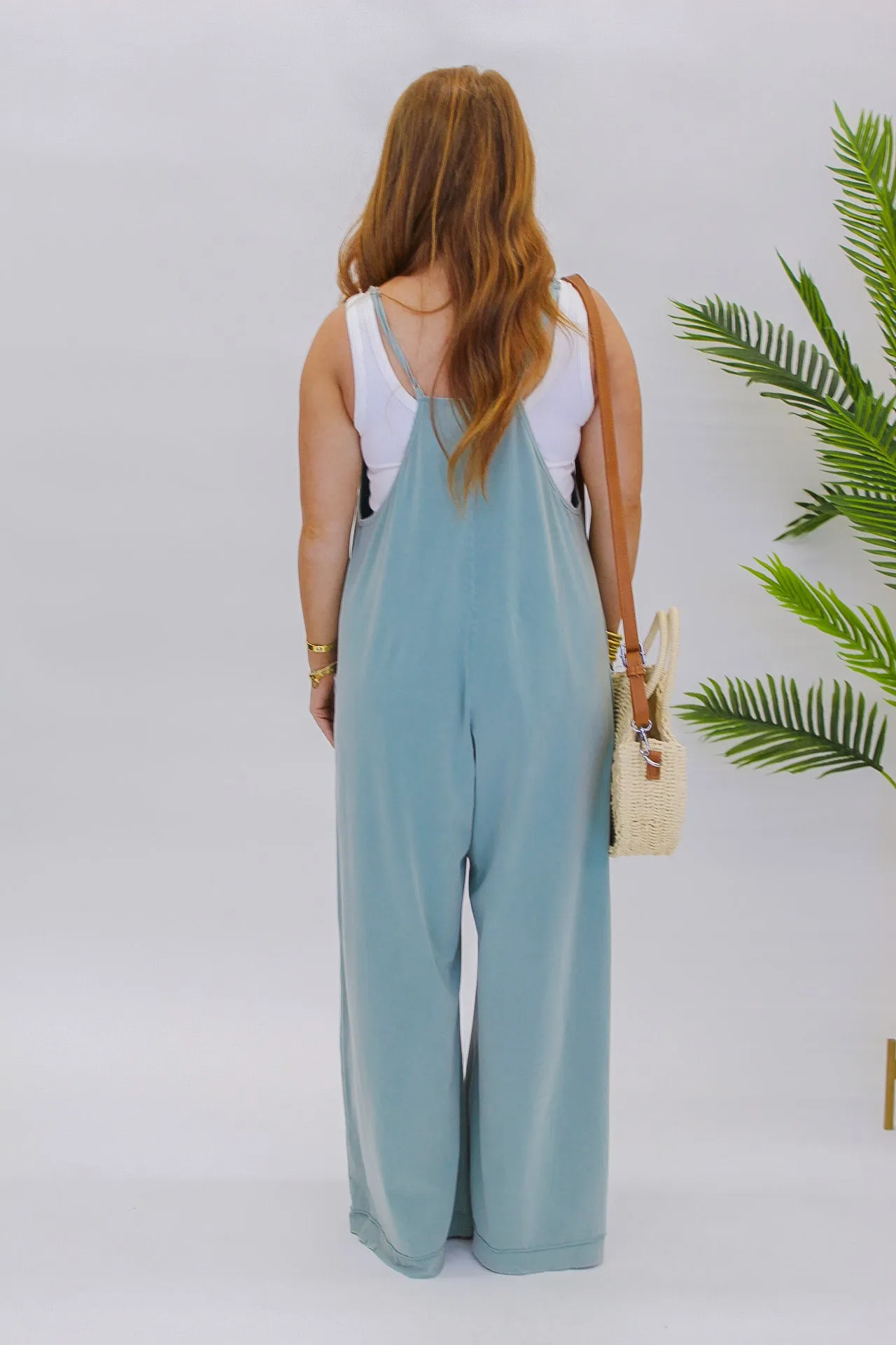 Casual Day Mineral Wash Jumpsuit - Dusty Blue