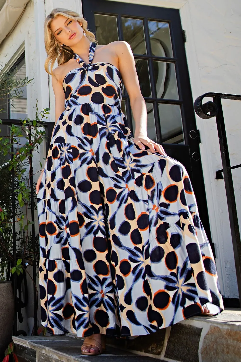 ee:some Abstract Indigo Tiered Halter Neck Jumpsuit  Smocked Back, Bold Statement Piece