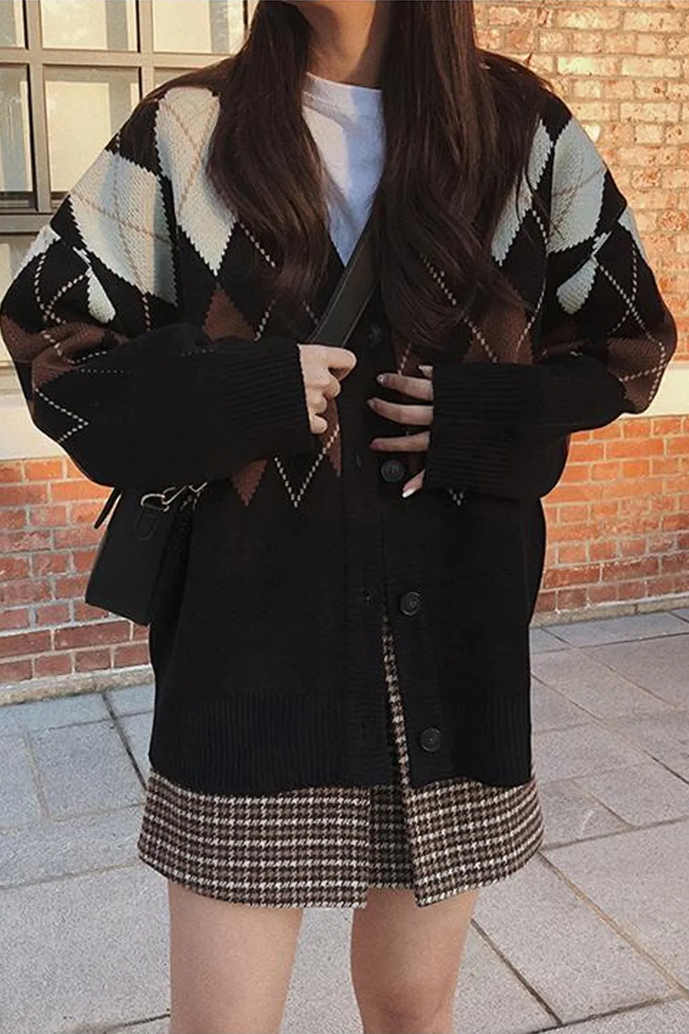 Flytonn-cute winter outfits casual winter outfits christmas outfit party look inspos Loose Argyle Pattern Black Cardigan Sweater