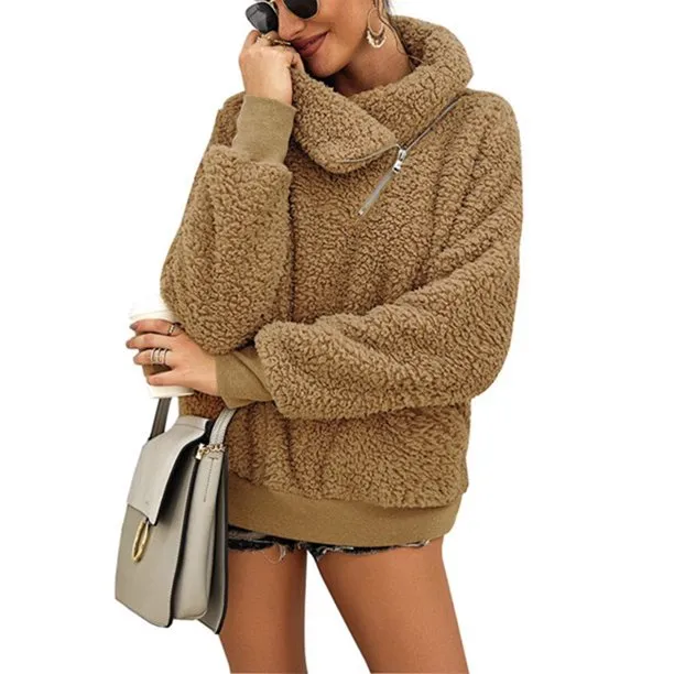 Fuzzy Fleece Winter Women’s Sweatshirt Half Zip Lapel Faux Sherpa Pullover Coat