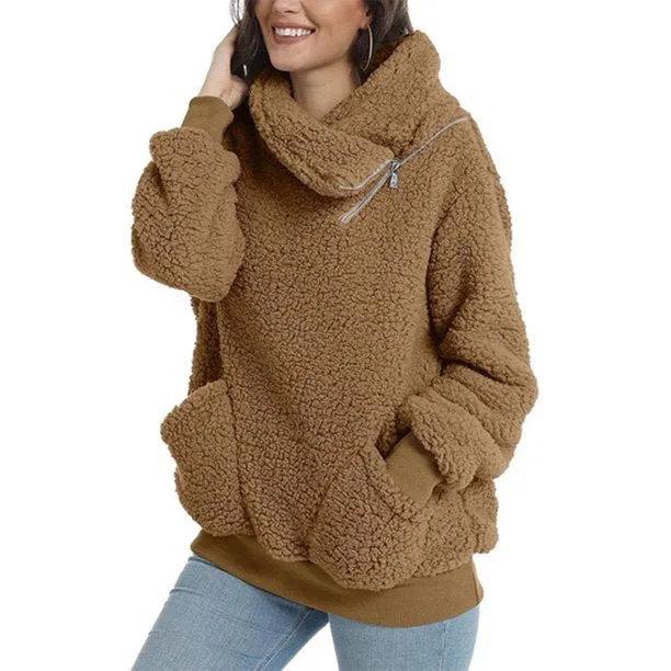 Fuzzy Fleece Winter Women’s Sweatshirt Half Zip Lapel Faux Sherpa Pullover Coat
