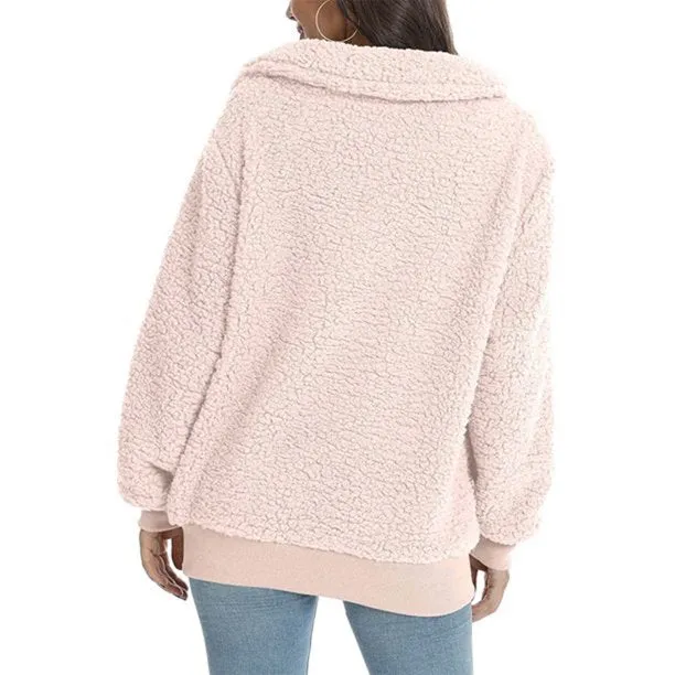 Fuzzy Fleece Winter Women’s Sweatshirt Half Zip Lapel Faux Sherpa Pullover Coat