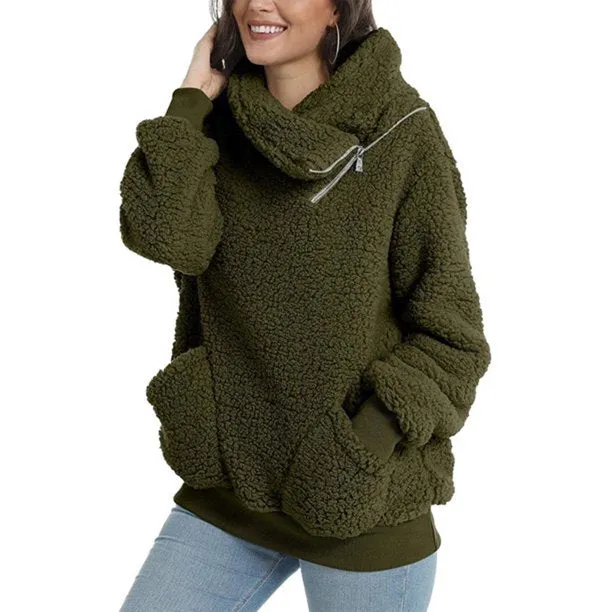 Fuzzy Fleece Winter Women’s Sweatshirt Half Zip Lapel Faux Sherpa Pullover Coat