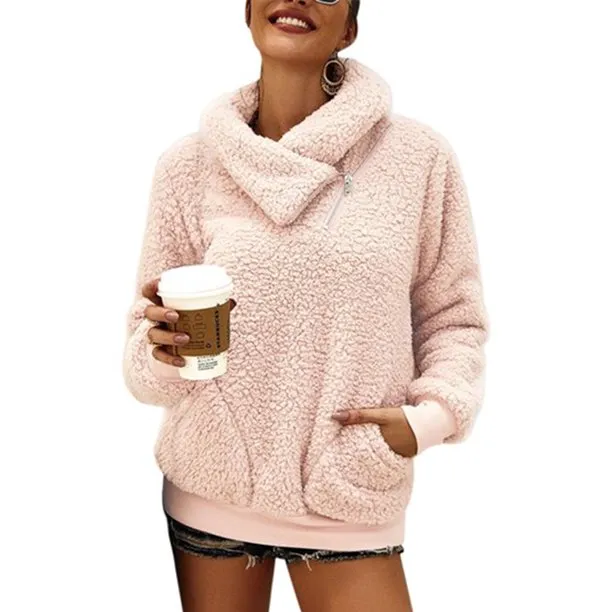 Fuzzy Fleece Winter Women’s Sweatshirt Half Zip Lapel Faux Sherpa Pullover Coat
