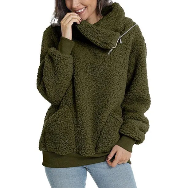 Fuzzy Fleece Winter Women’s Sweatshirt Half Zip Lapel Faux Sherpa Pullover Coat