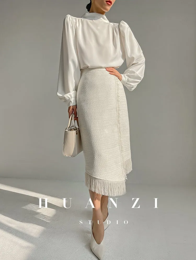 Huanzi new puff sleeves silk satin shirts top blouse - Oitr