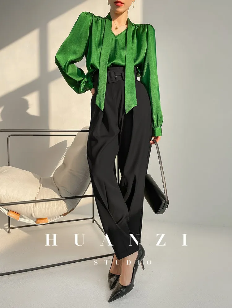 Huanzi new puff sleeves silk satin shirts top blouse - Oitr