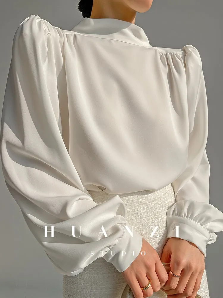 Huanzi new puff sleeves silk satin shirts top blouse - Oitr