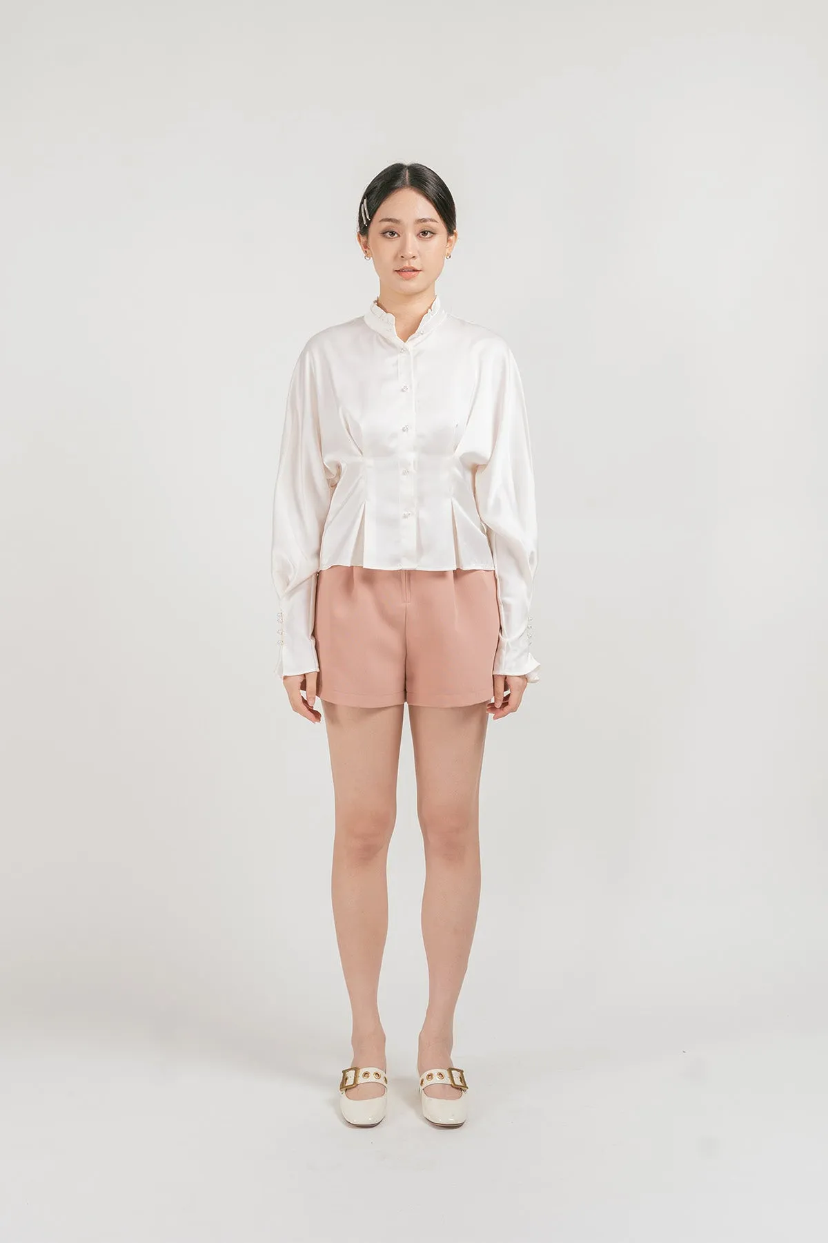 Jenniva Satin Pleated Ruffled Blouse