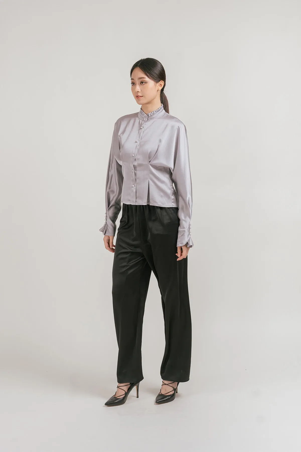 Jenniva Satin Pleated Ruffled Blouse