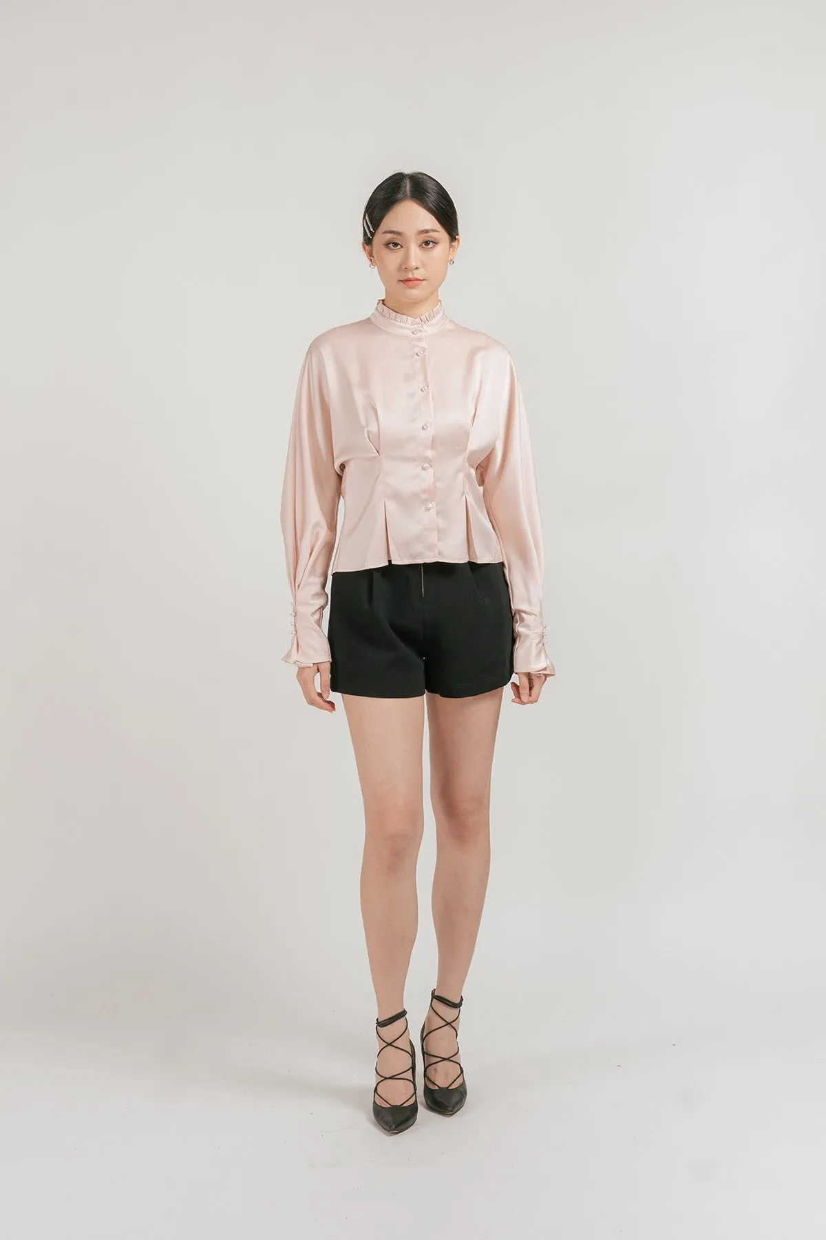 Jenniva Satin Pleated Ruffled Blouse