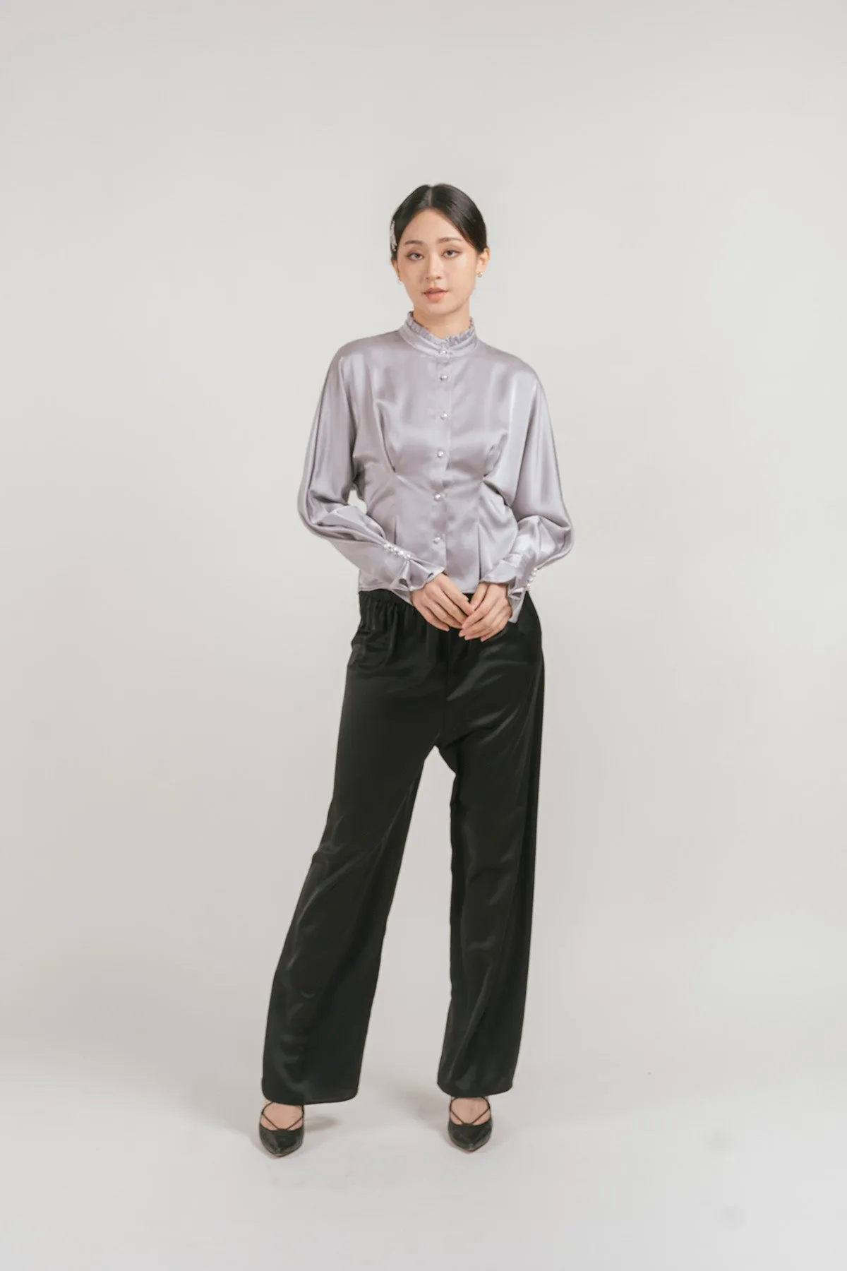 Jenniva Satin Pleated Ruffled Blouse
