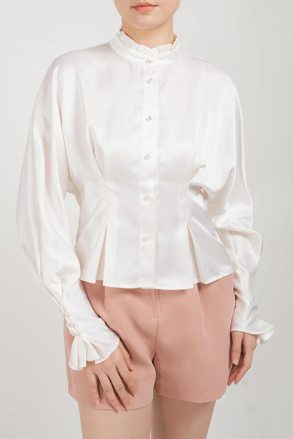 Jenniva Satin Pleated Ruffled Blouse
