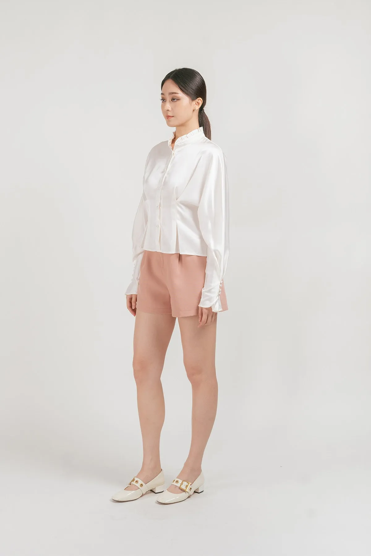 Jenniva Satin Pleated Ruffled Blouse
