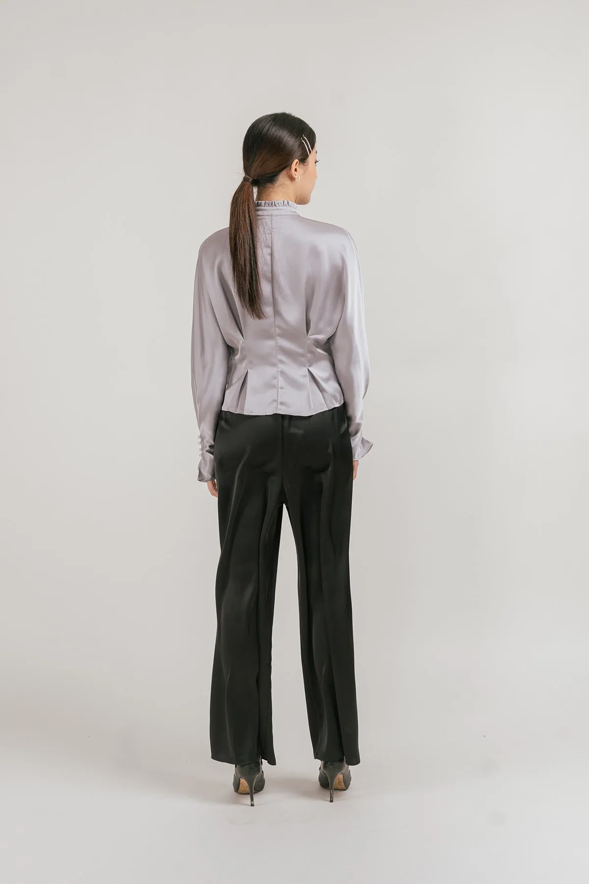 Jenniva Satin Pleated Ruffled Blouse
