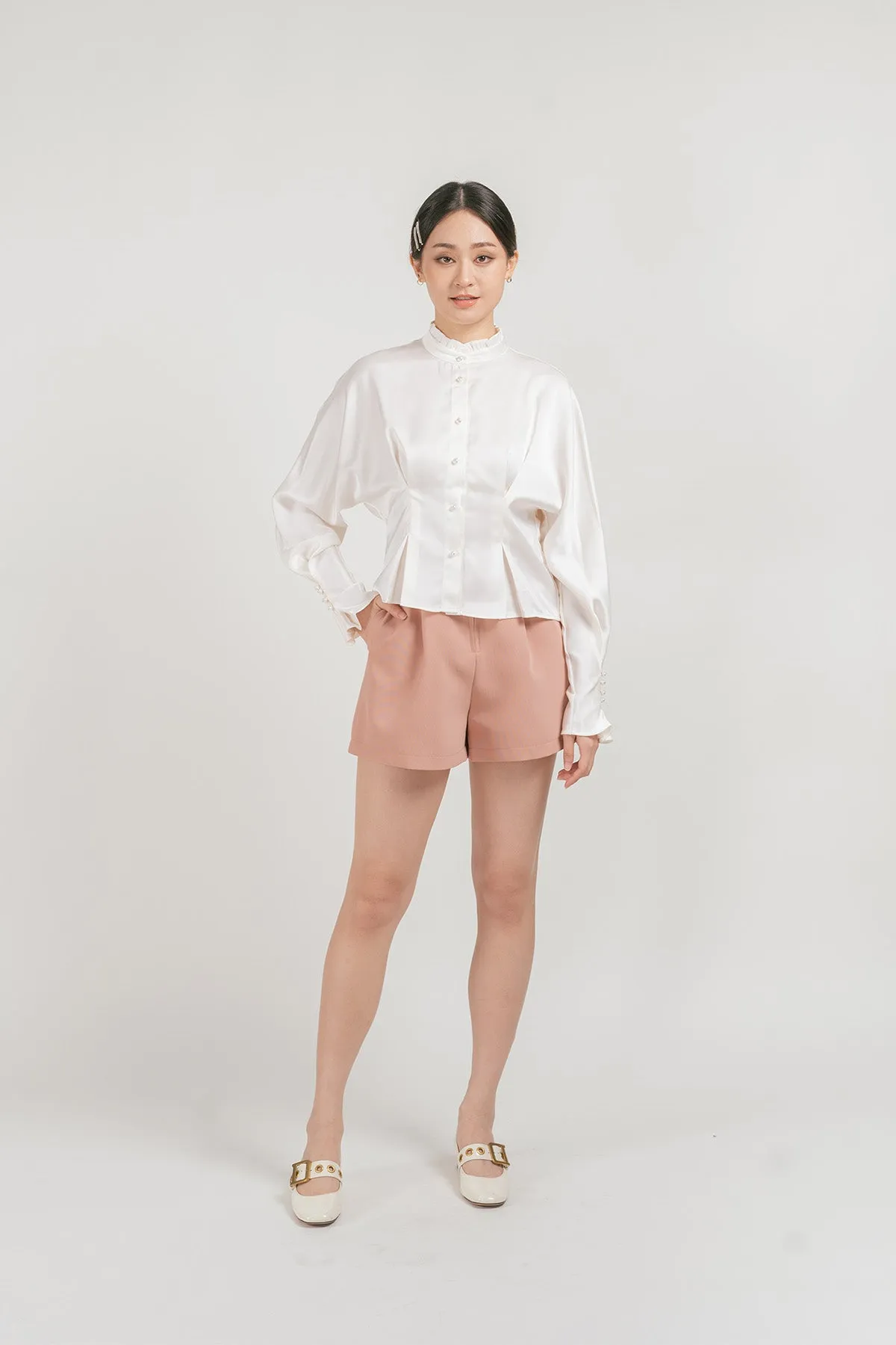 Jenniva Satin Pleated Ruffled Blouse