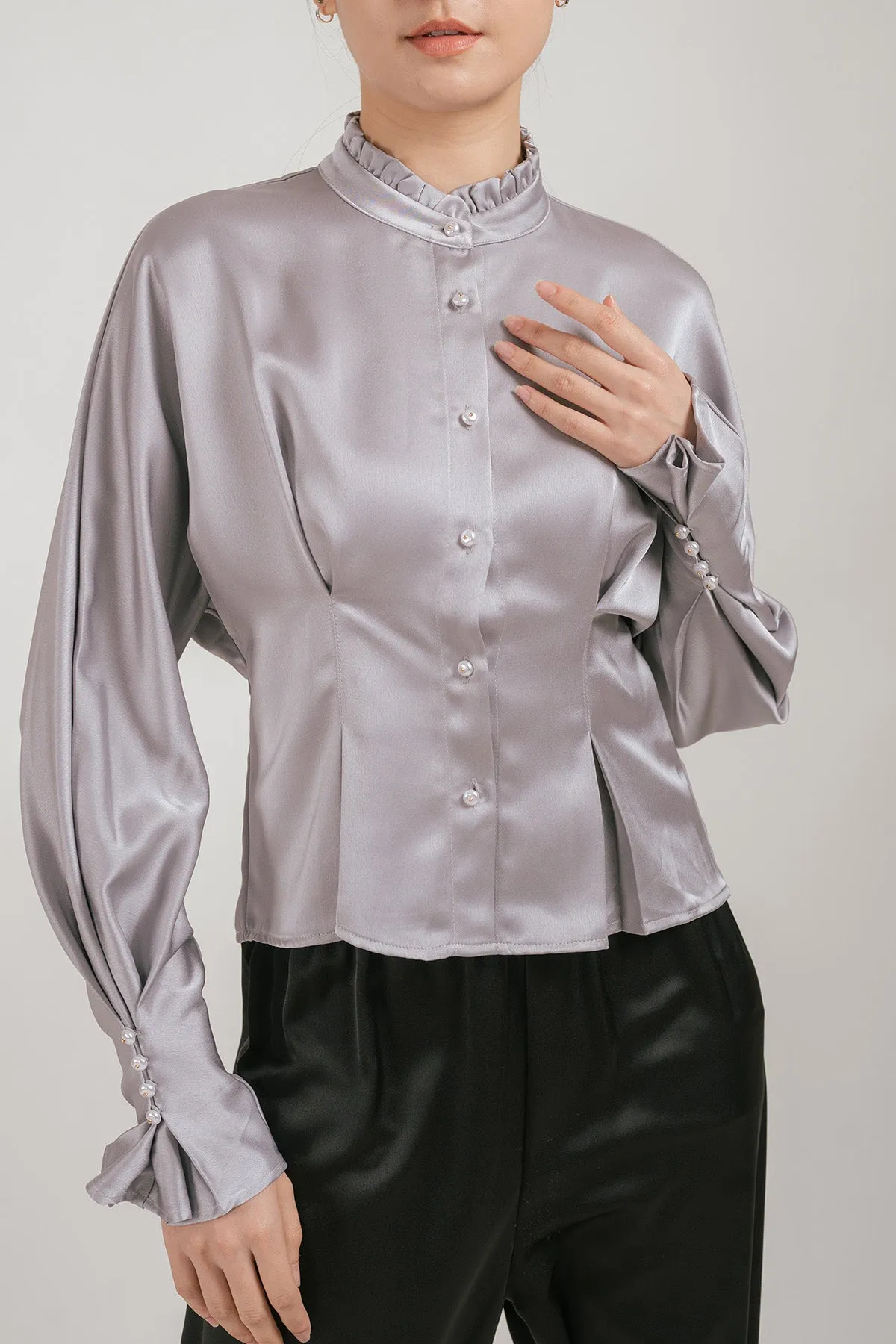 Jenniva Satin Pleated Ruffled Blouse