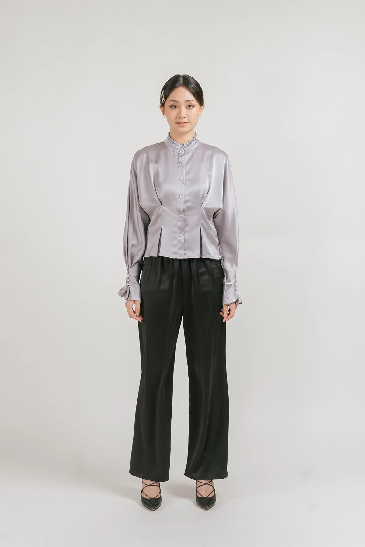 Jenniva Satin Pleated Ruffled Blouse