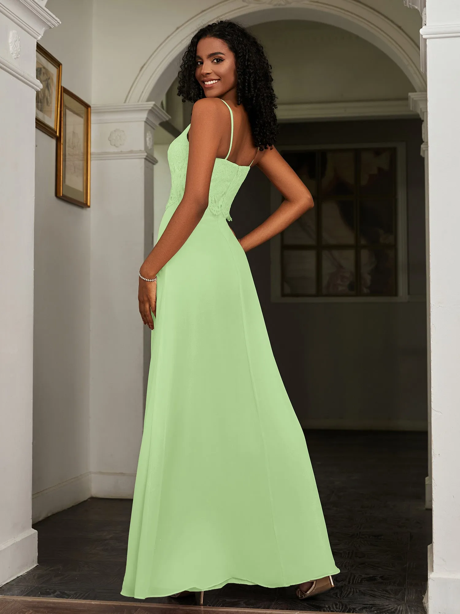 Lace Appliqued  Backless Chiffon A-Line Dress Sage Plus Size