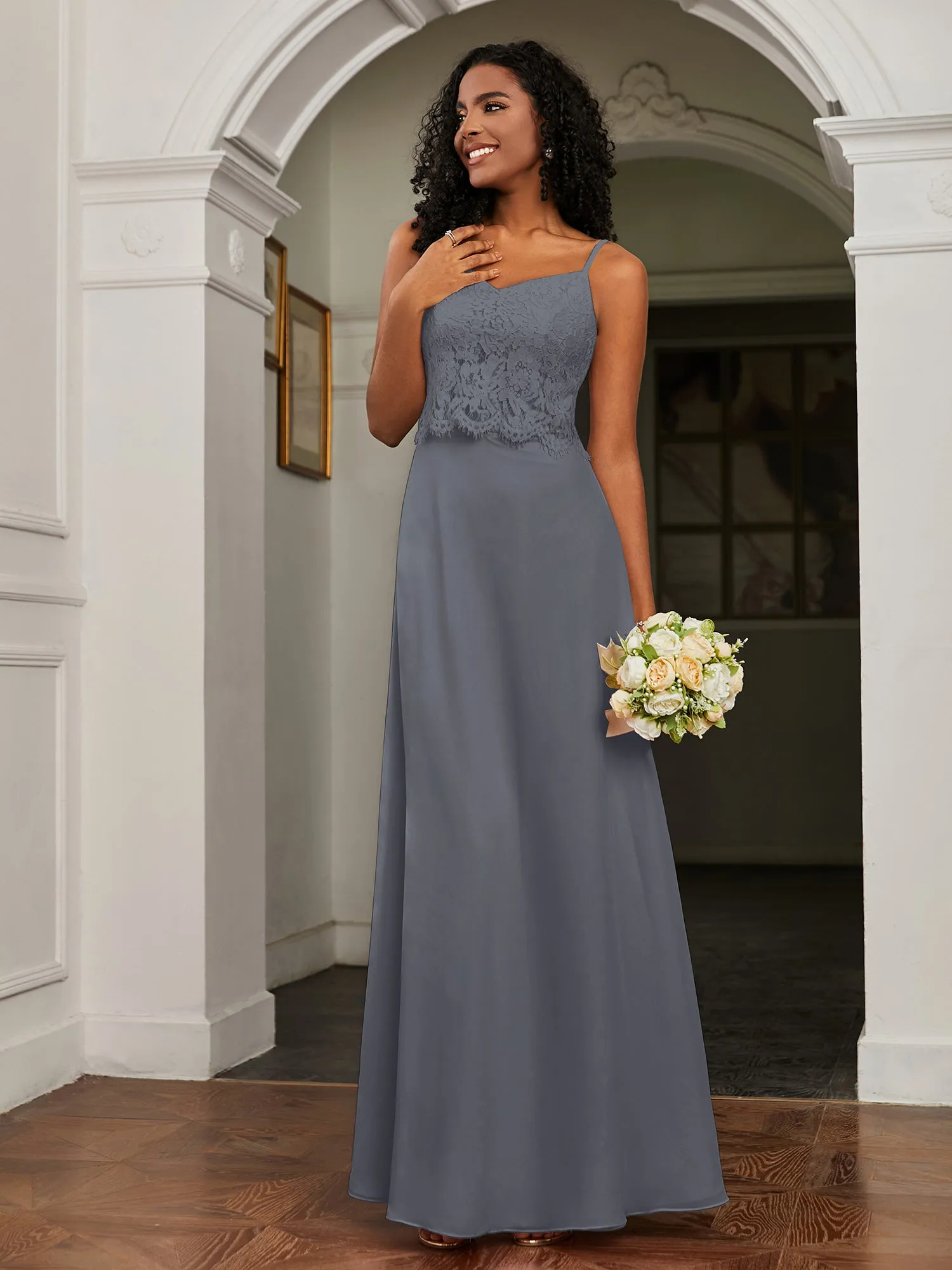 Lace Appliqued  Backless Chiffon A-Line Dress Steel Grey