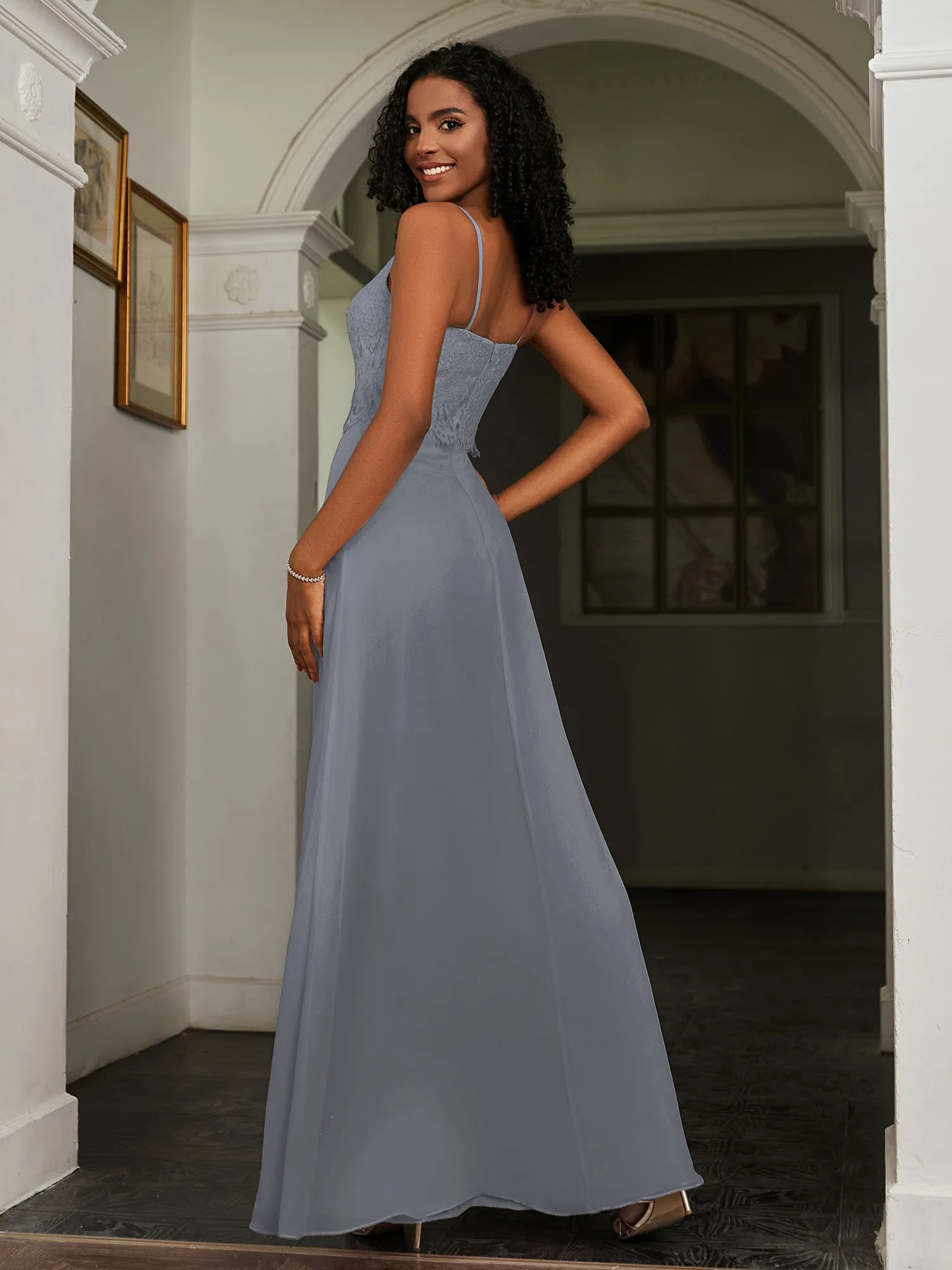 Lace Appliqued  Backless Chiffon A-Line Dress Steel Grey