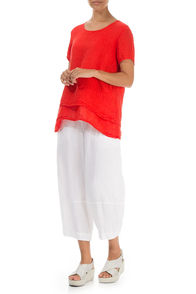 Layered Short Sleeves Bright Red Gauze Linen Blouse