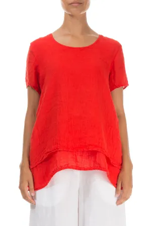 Layered Short Sleeves Bright Red Gauze Linen Blouse