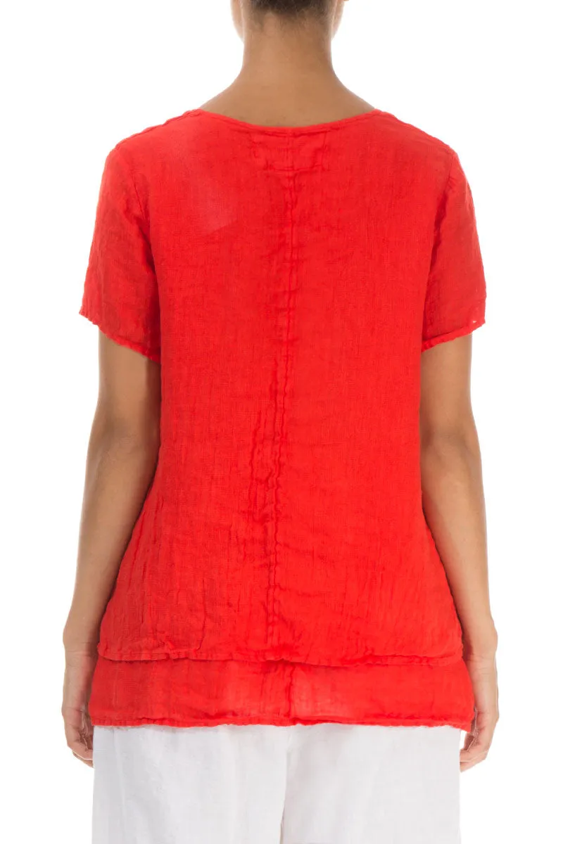 Layered Short Sleeves Bright Red Gauze Linen Blouse