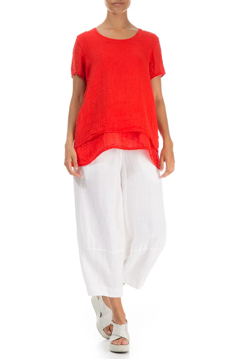 Layered Short Sleeves Bright Red Gauze Linen Blouse