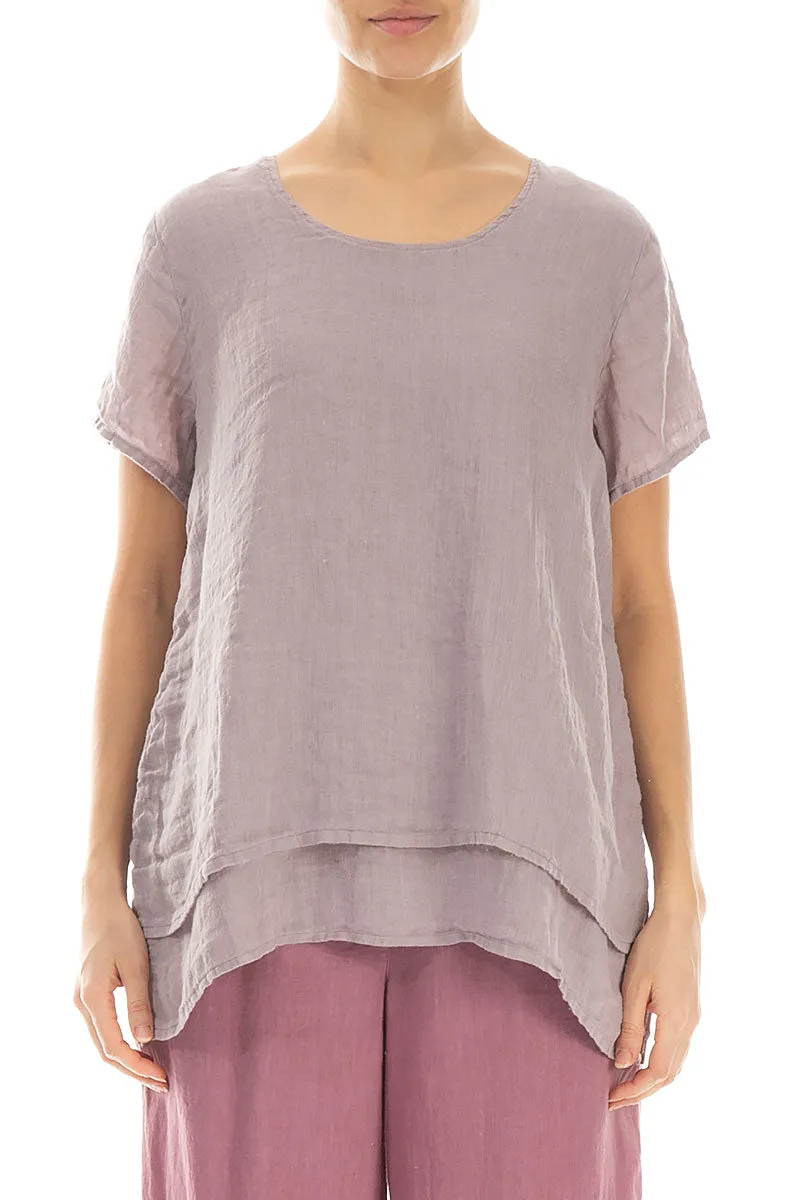 Layered Short Sleeves Greige Gauze Linen Blouse