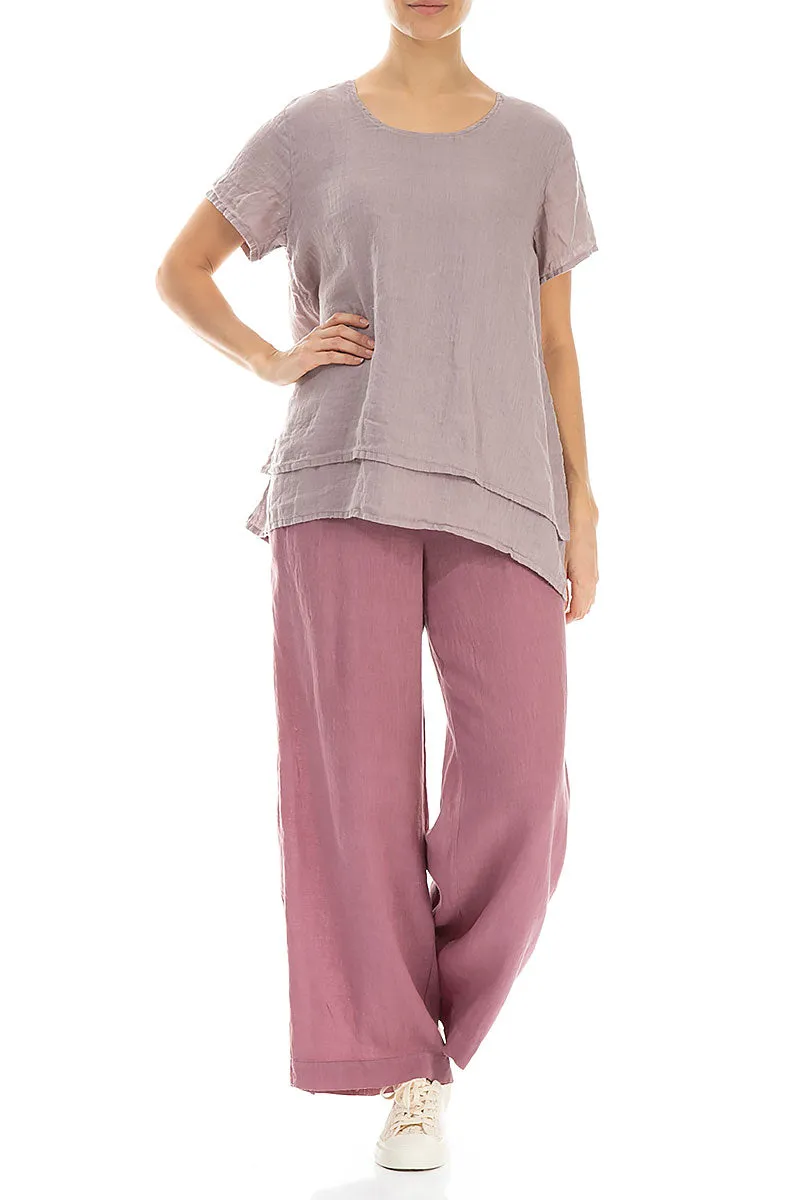 Layered Short Sleeves Greige Gauze Linen Blouse